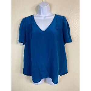 Bimba & Lola Womens Silk V-Neck Blue Blouse Top Size Large Short Sleeves Capsule